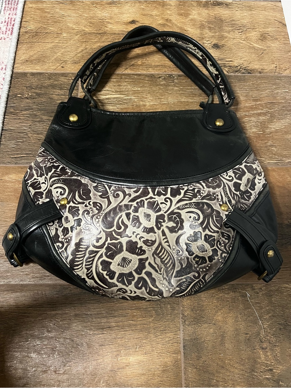 Tre Vero Genuine Tooled Leather Shoulder Bag Black Boho Floral Western